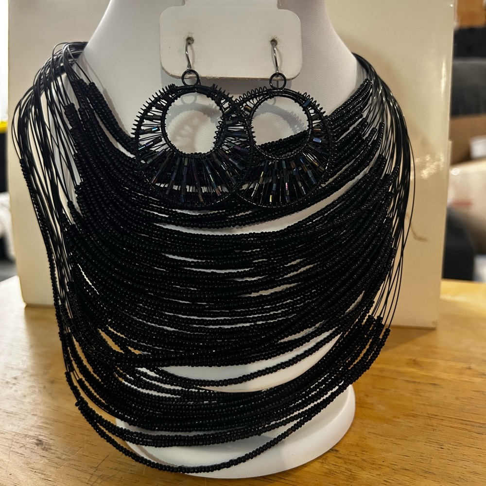 Boho Black Seed Bead Bib Necklace and Earring Set